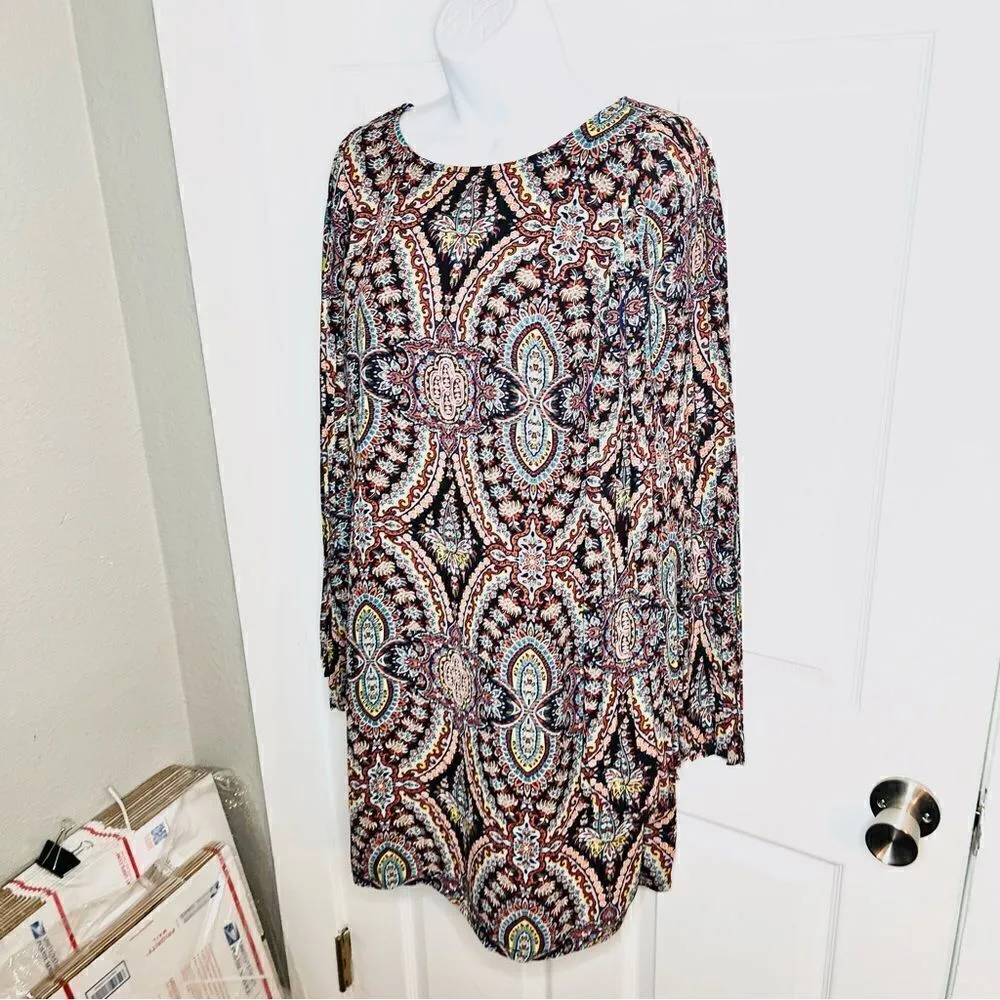 Love FIRE Pleated Wide Arm Shift Dress Mediterranean Stain Glass Print Multi M Blue Size M - Image 3