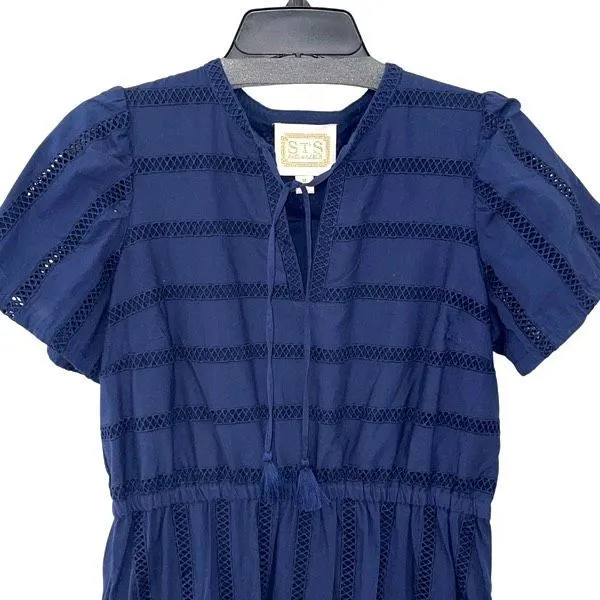Sail to Sable Womens Short Sleeve Tiered Tassel Tie Mini Dress Navy Blue Medium - Image 3