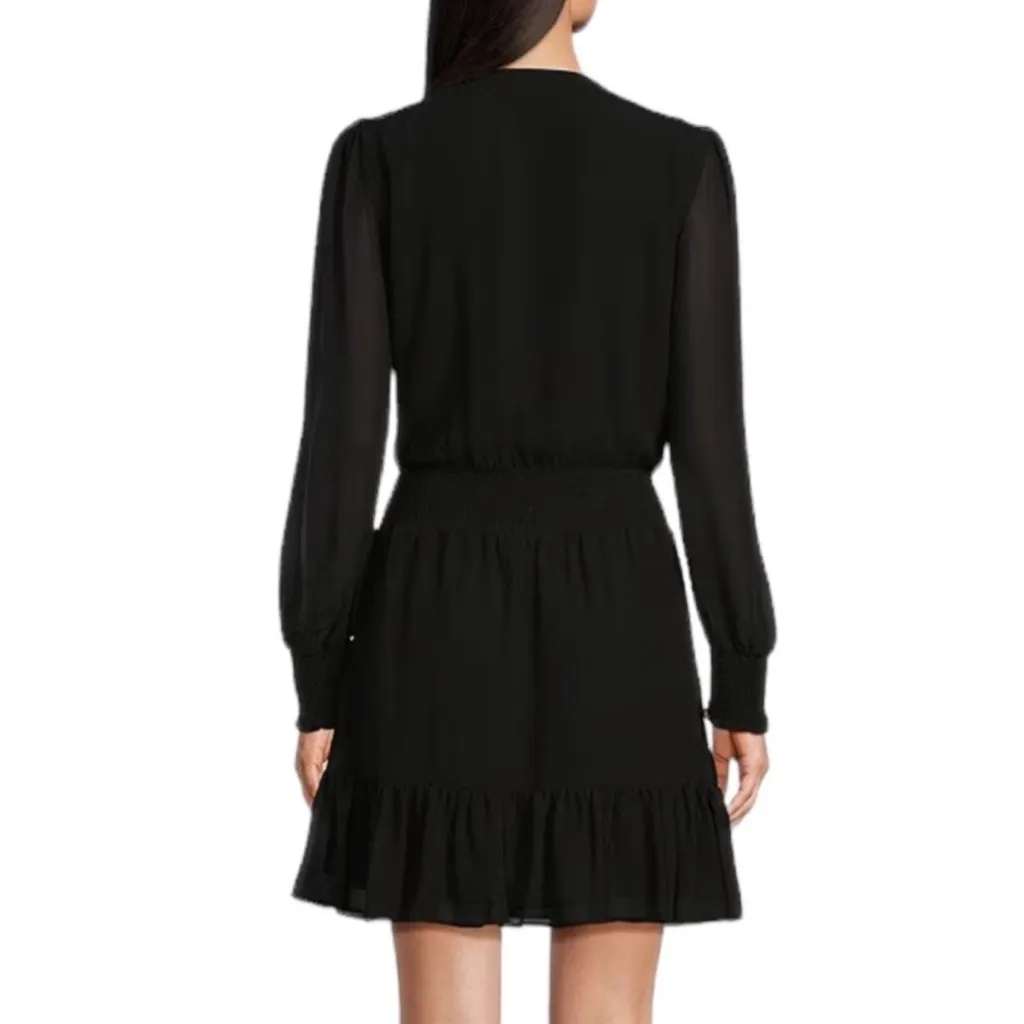 Michael Kors Georgette Mini Dress Medium Black Long Sleeve Smocked Wrap Party - Image 2