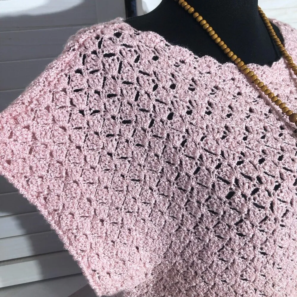 Vintage Handmade Crochet Knit Blouse Light Pink Medium - Image 6