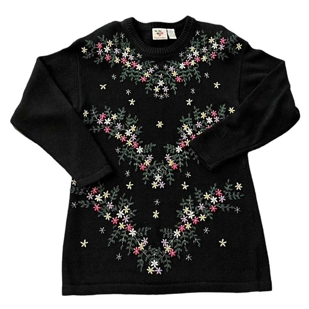 NUTCRACKER Vintage 3D Beaded Floral Long Oversized Crewneck Sweater Black Size S - Image 7