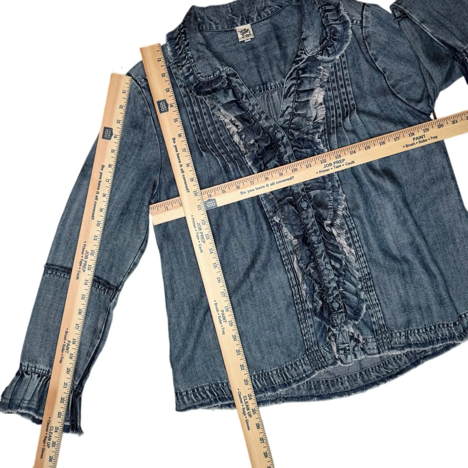 Ivy Jane Top Small Ruffle Long Sleeve Button Front Blouse Chambray Denim Boho - Image 5