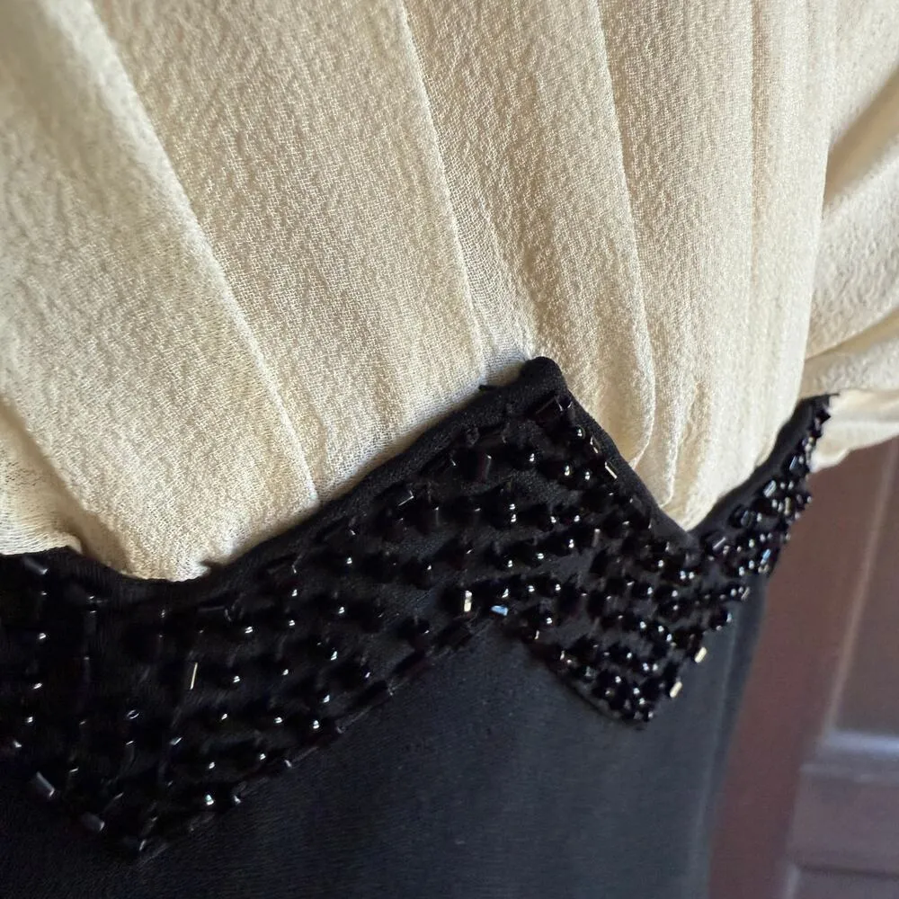 LUISA SPAGNOLI | Black & Cream Silk Surplice Bodice Beaded Cocktail Dress Size 6 - Image 5