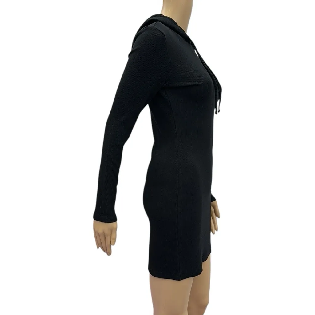 Ribbed Long Sleeve Black Hoodie Form Fit Mini Dress Womens Small - Image 4