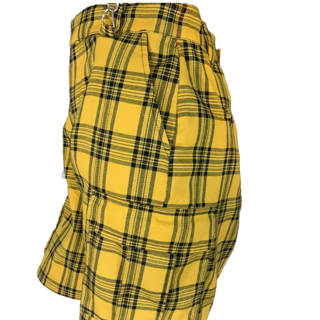 HOT TOPIC YELLOW & BLACK PLAID PLEATED FRONT CARGO SUSPENDER SHORTS (S) - Image 8