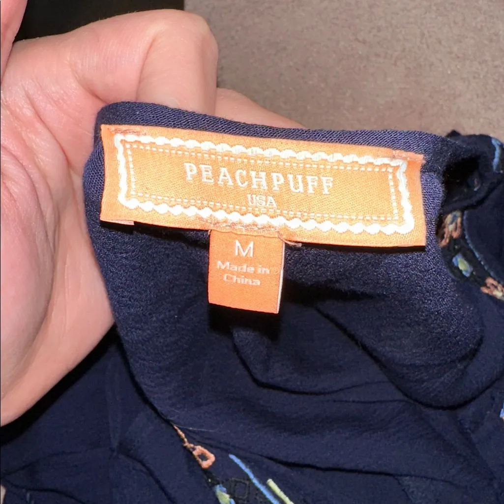 Peachpuff USA Flowy Mini Dress Printed Lacey Cold Shoulder Dress Longsleeve Blue Size M - Image 8