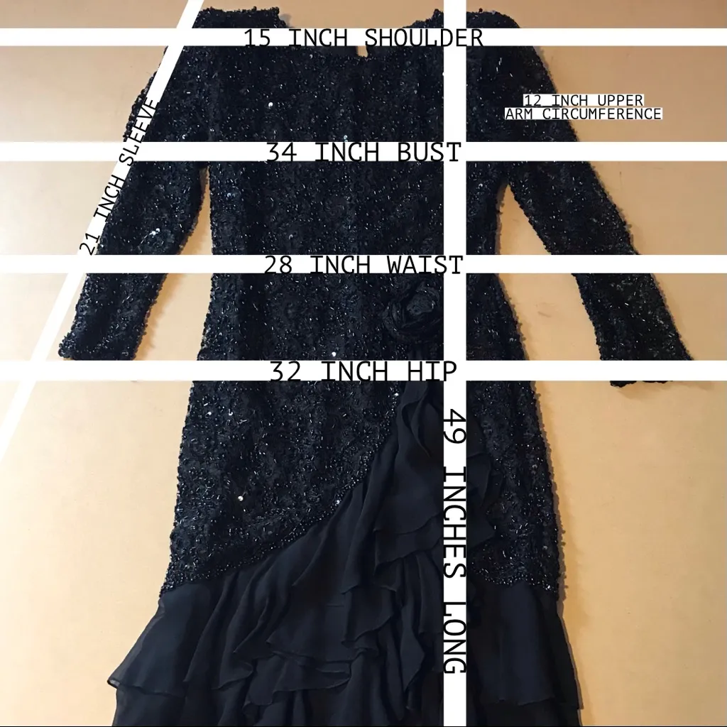 VINTAGE OLEG CASSINI BLACK SEQUIN SILK RUFFLED COCKTAIL DRESS (6) - Image 13