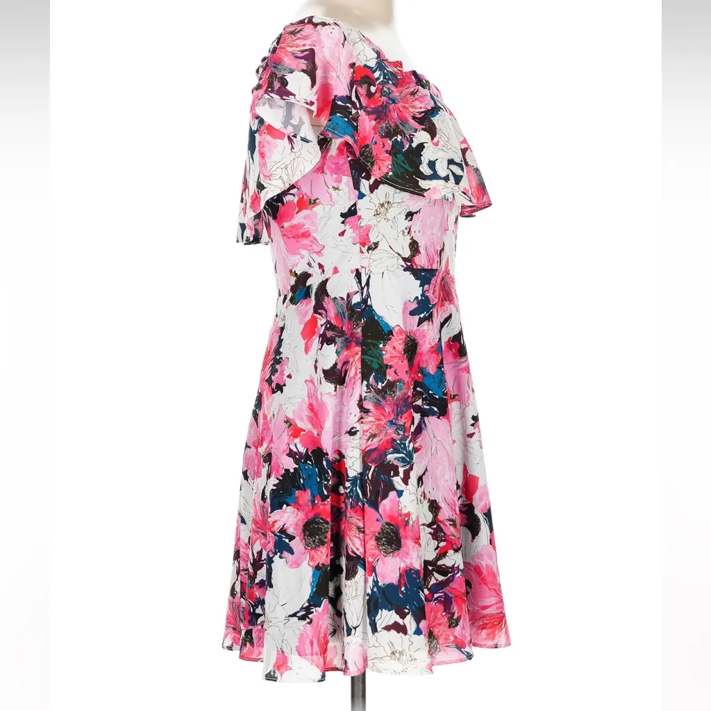 Black Halo Penelope Mini Dress Off Shoulder Ruffle Floral Garden Size 12 Large - Image 4