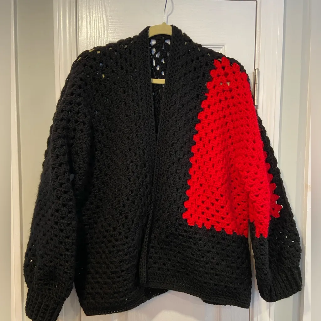Handmade Crochet Granny Square One Size Cozy Cardigan Boho Chunky Knit Sweater - Image 4