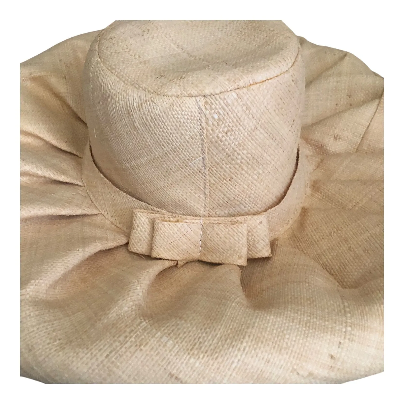 Vintage Natural Beige Wide Brim Sinamay Hat with Ruffled Brim And Bow - Image 6