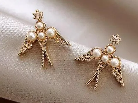 Swallow Bird Pearl Beaded Minimalist Stud Earrings Gold - Image 2