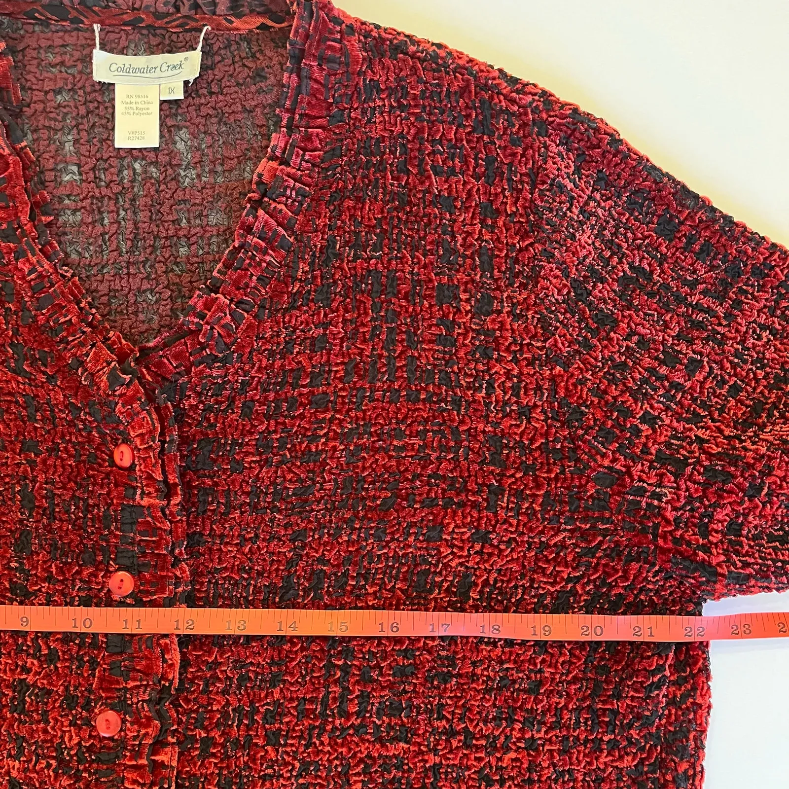 Coldwater Creek Velvet Burnout Cardigan 1X Deep Red Ruffle Trim Whimsigoth Sheer - Image 11