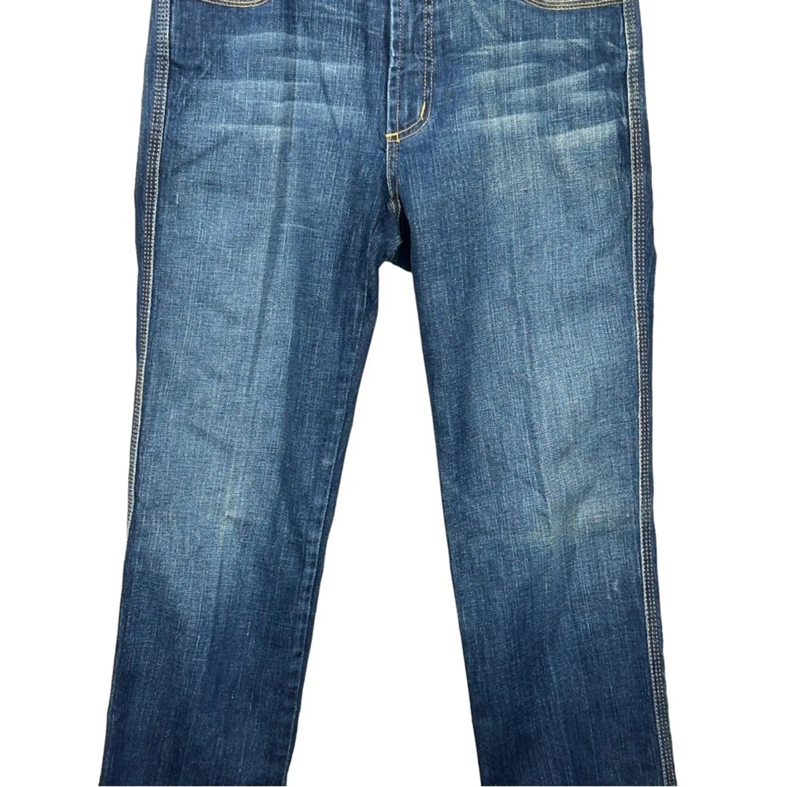 Karen Kane Dark Wash Straight Leg Jeans Yellow Stitching USA Made Size 6 - Image 4