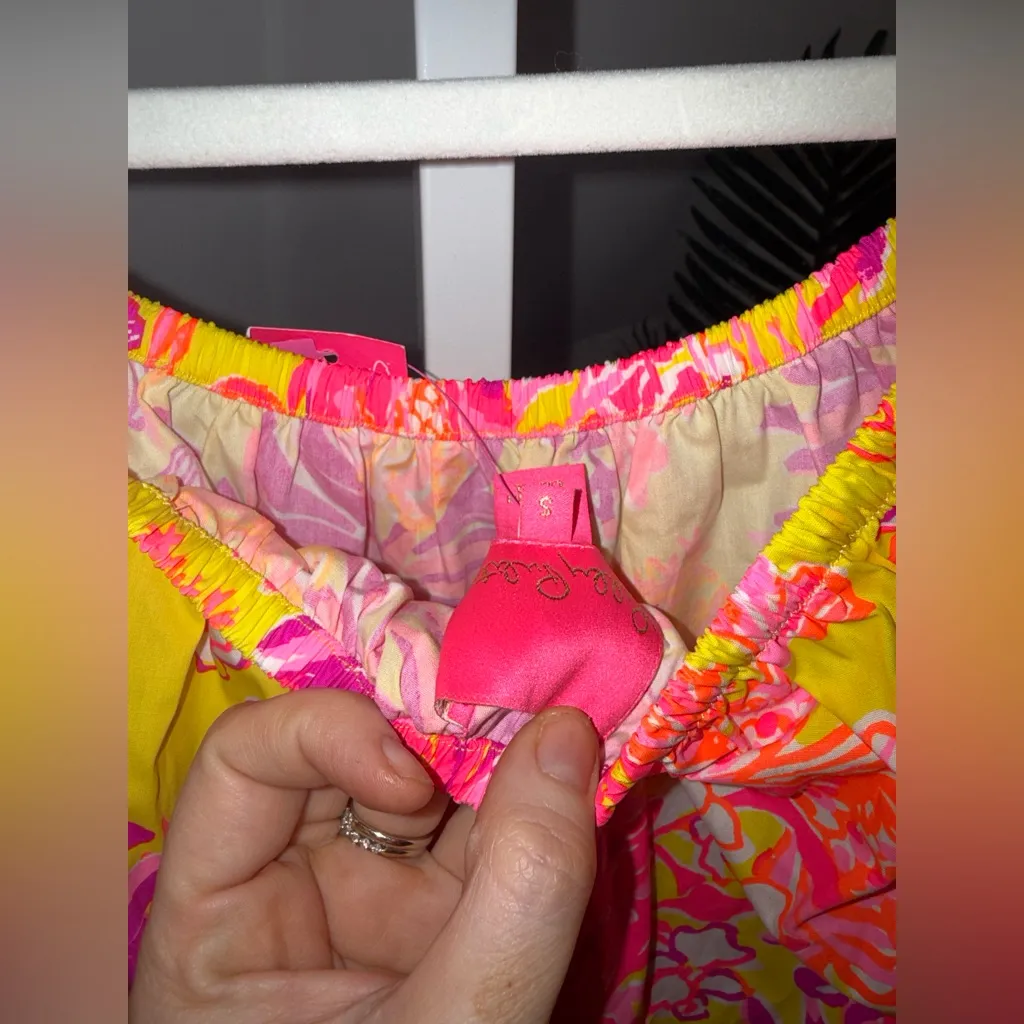 Lilly Pulitzer Jesiba Off-The-Shoulder Romper Calla Yellow Floral Coral Small - Image 6