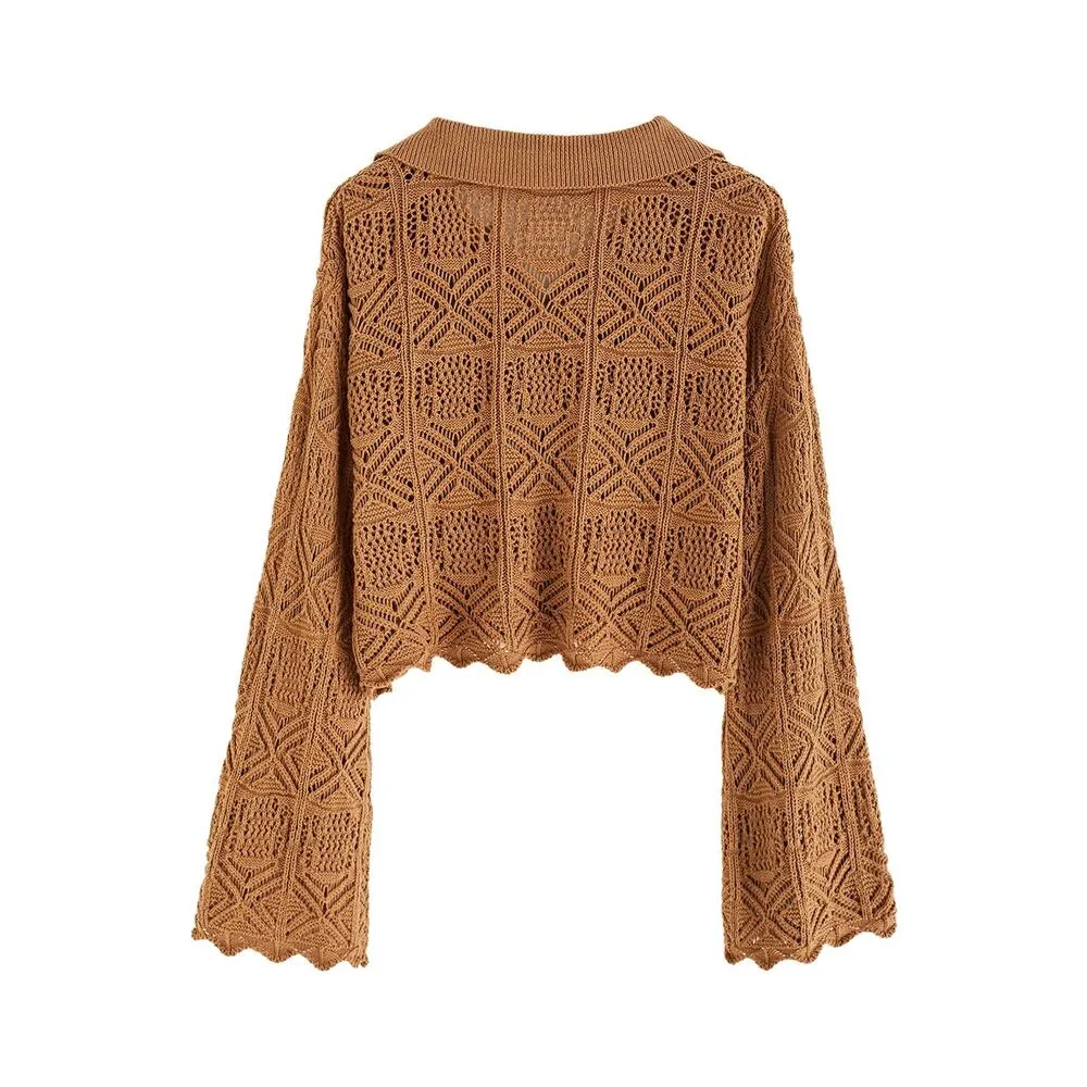 One Sz Hollow Out Flared Sleeve Crop Knit Top Caramel Boho Cottagecore - Image 5