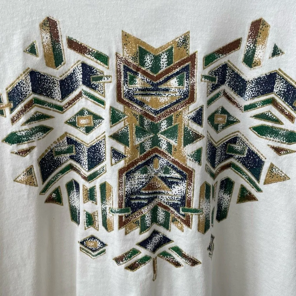 Vintage 90s 1995 Fruit of the Loom Southwestern Aztec Print Unisex L White Size L - Image 3