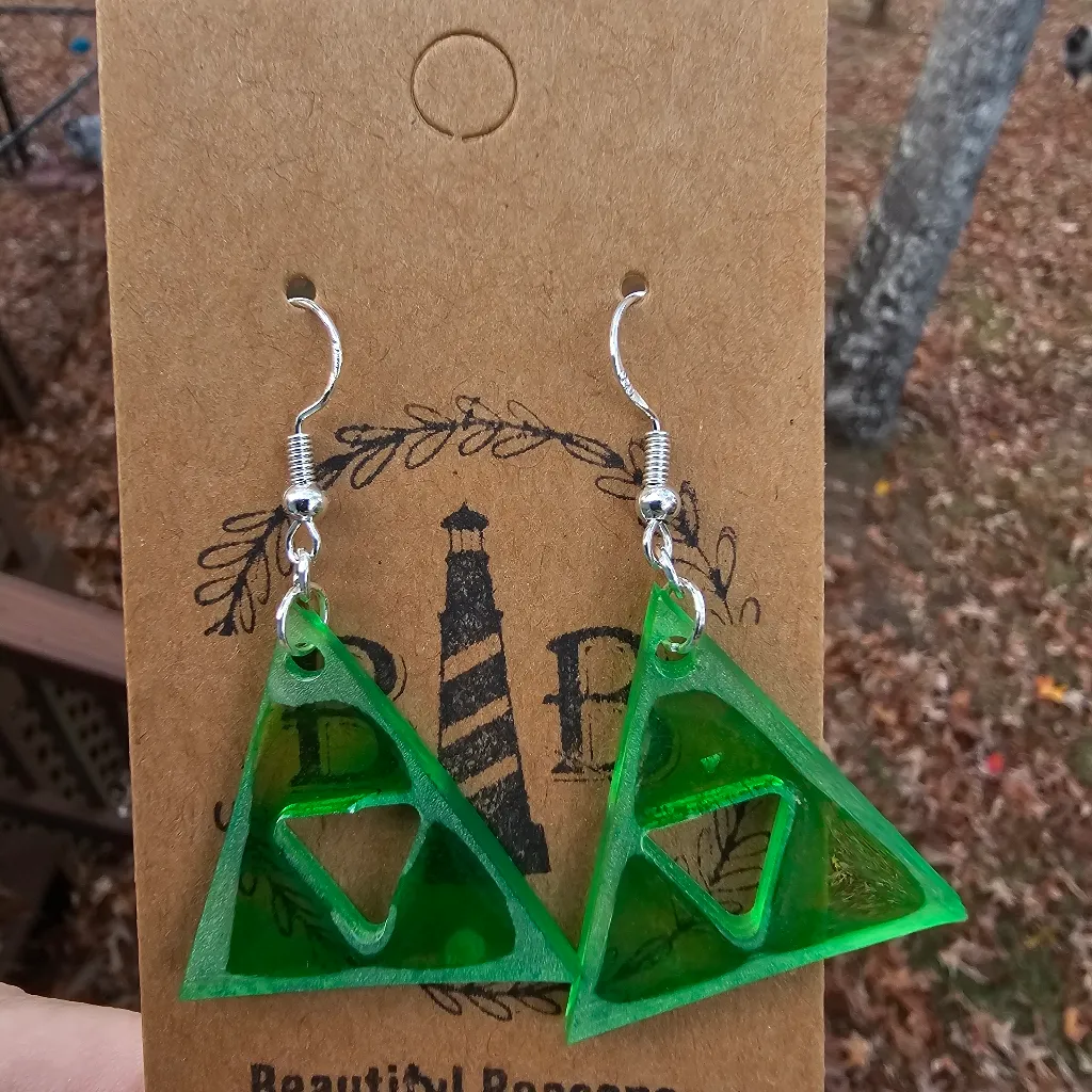 Handmade Resin Green Triforce Beautiful Beacons 925 Silver Earrings - Image 3