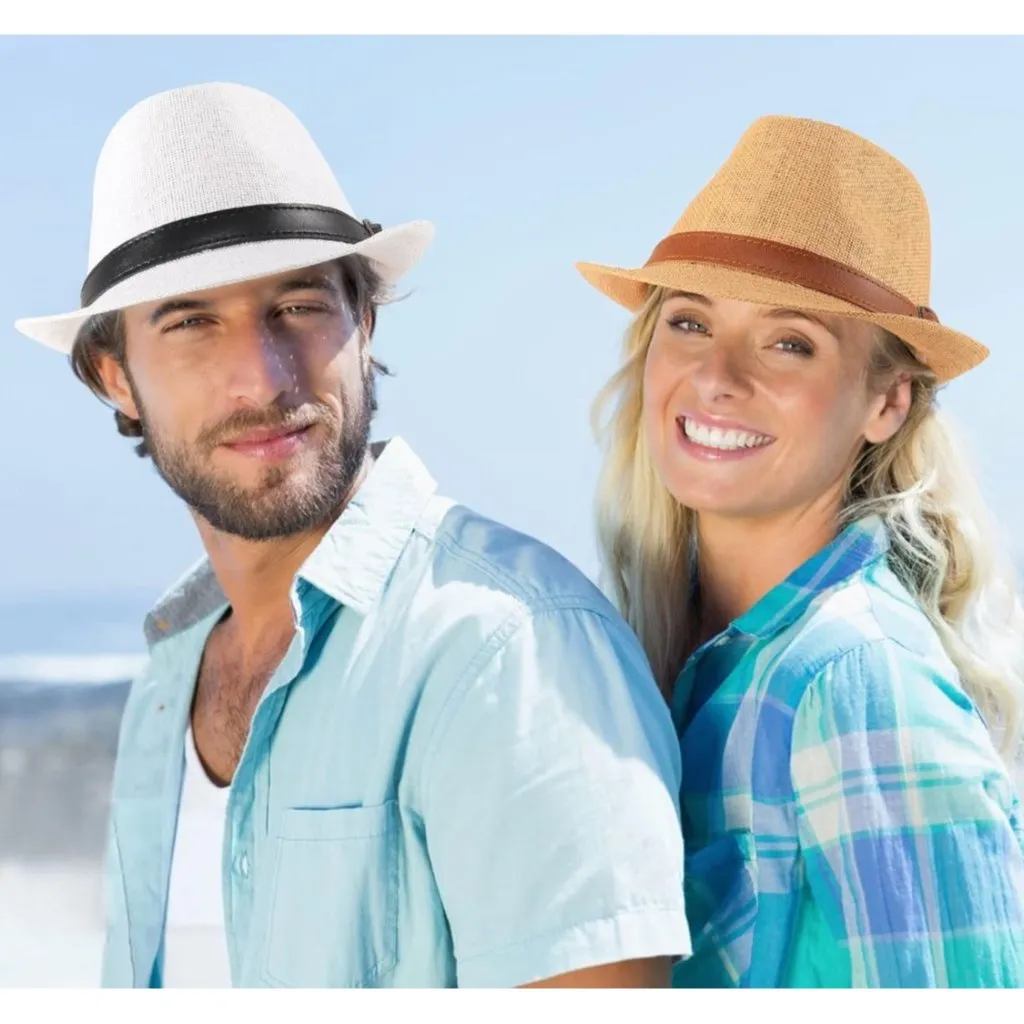 Ultrafun Straw Fedora Hat Classic Manhattan Dark Gray Black Belt Buckle Band Uni - Image 9