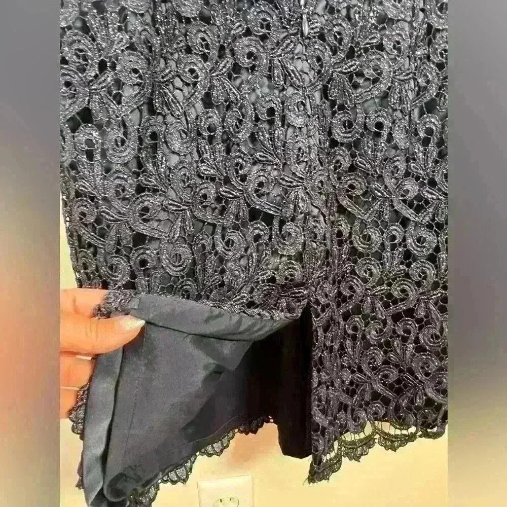 Adrianna Papell Navy Shimmer Embroidered Lace Short Formal Dress Size 4 - Image 9