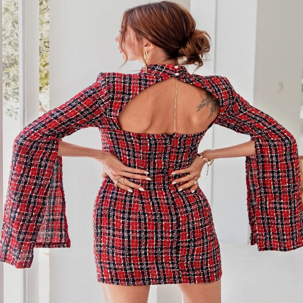 GLAMAKER‎ PLAID BACKLESS SPLIT SLEEVE TWEED BODYCON DRESS size SMALL Red - Image 2