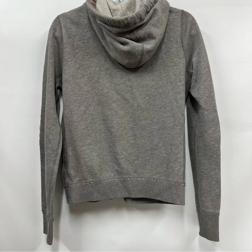 Abercrombie & Fitch Cream & grey label hoodie distressed spell out Y2K FLAWS L - Image 11