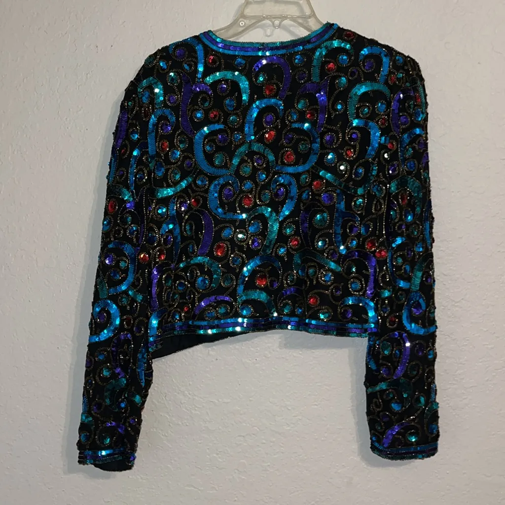 Vintage Elegant Jacket Scala Black and Blue Sequin Crop Blouse Jacket - Image 5