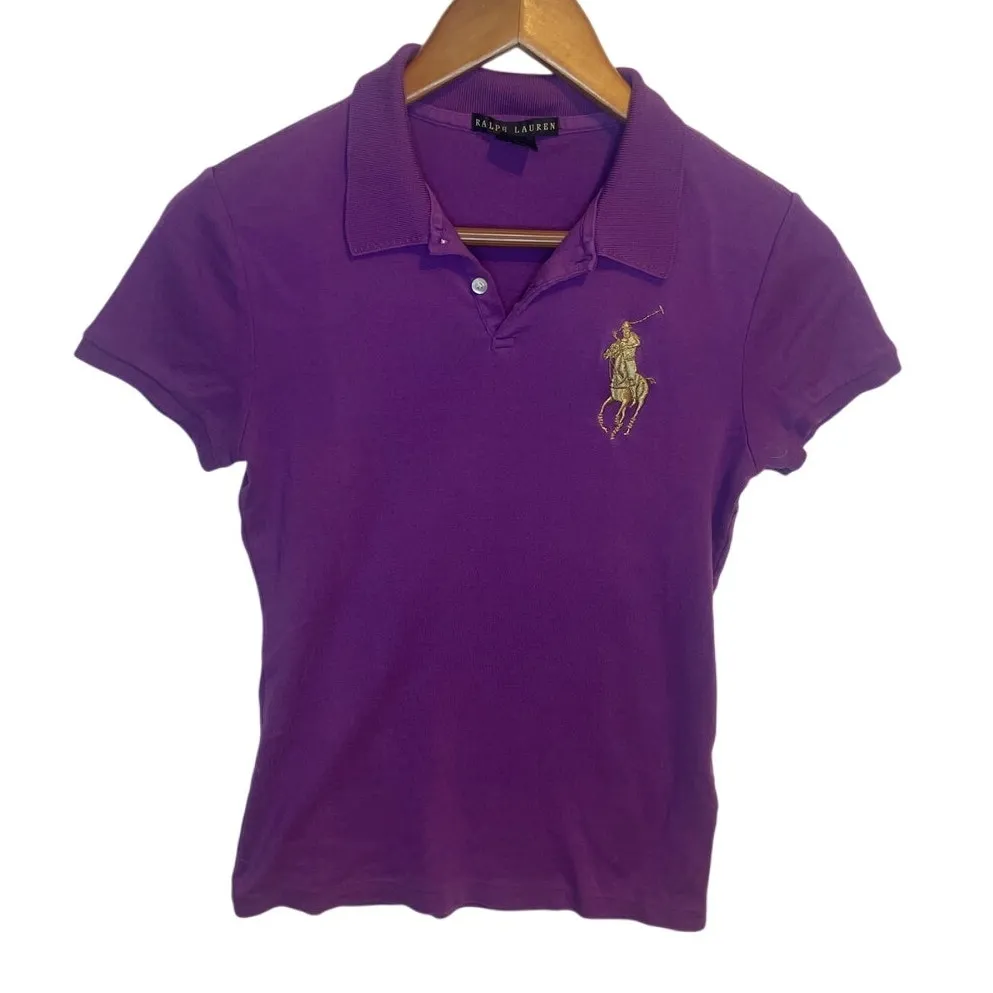 RALPH LAUREN Big Logo Polo Shirt Tee Top Purple PREPPY Size Medium M Gold Cotton - Image 2