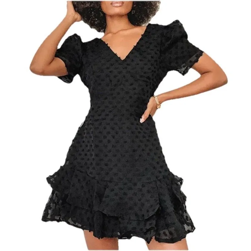 Lulus Magnificence Black Swiss Dot Puff Sleeve Ruffled Mini Length Dress V-Neck - Image 7