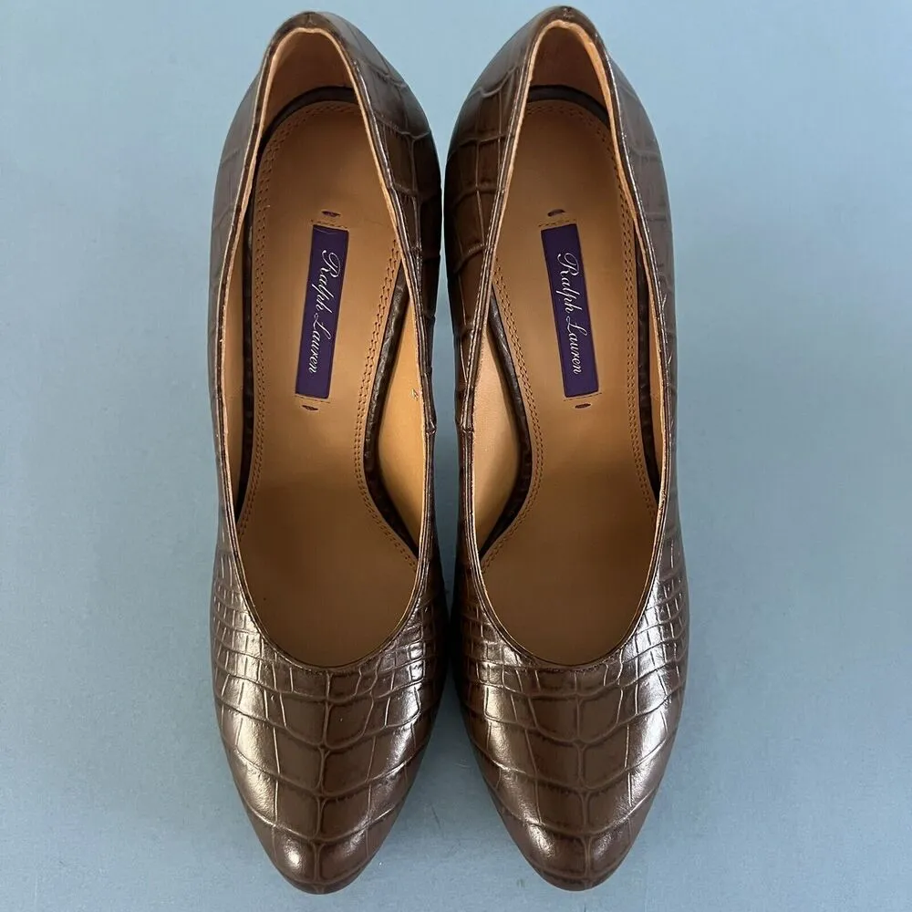Ralph Lauren Purple Label Darlene Embossed Calfskin Brown Leather Pumps Size 9 - Image 6