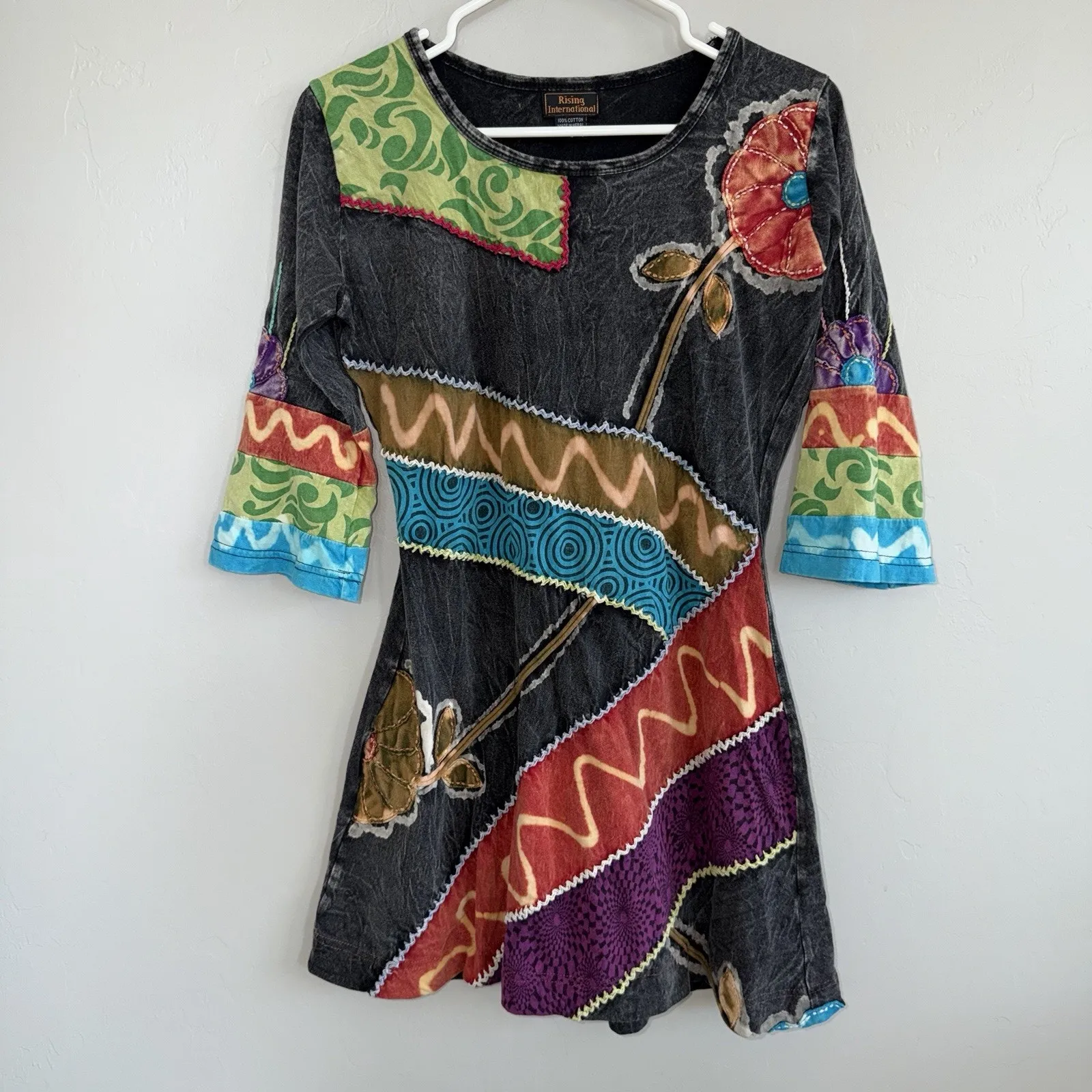 Vintage Rising International Patchwork Dress Womens S Cotton Boho Fairycore Y2K Black - Image 3