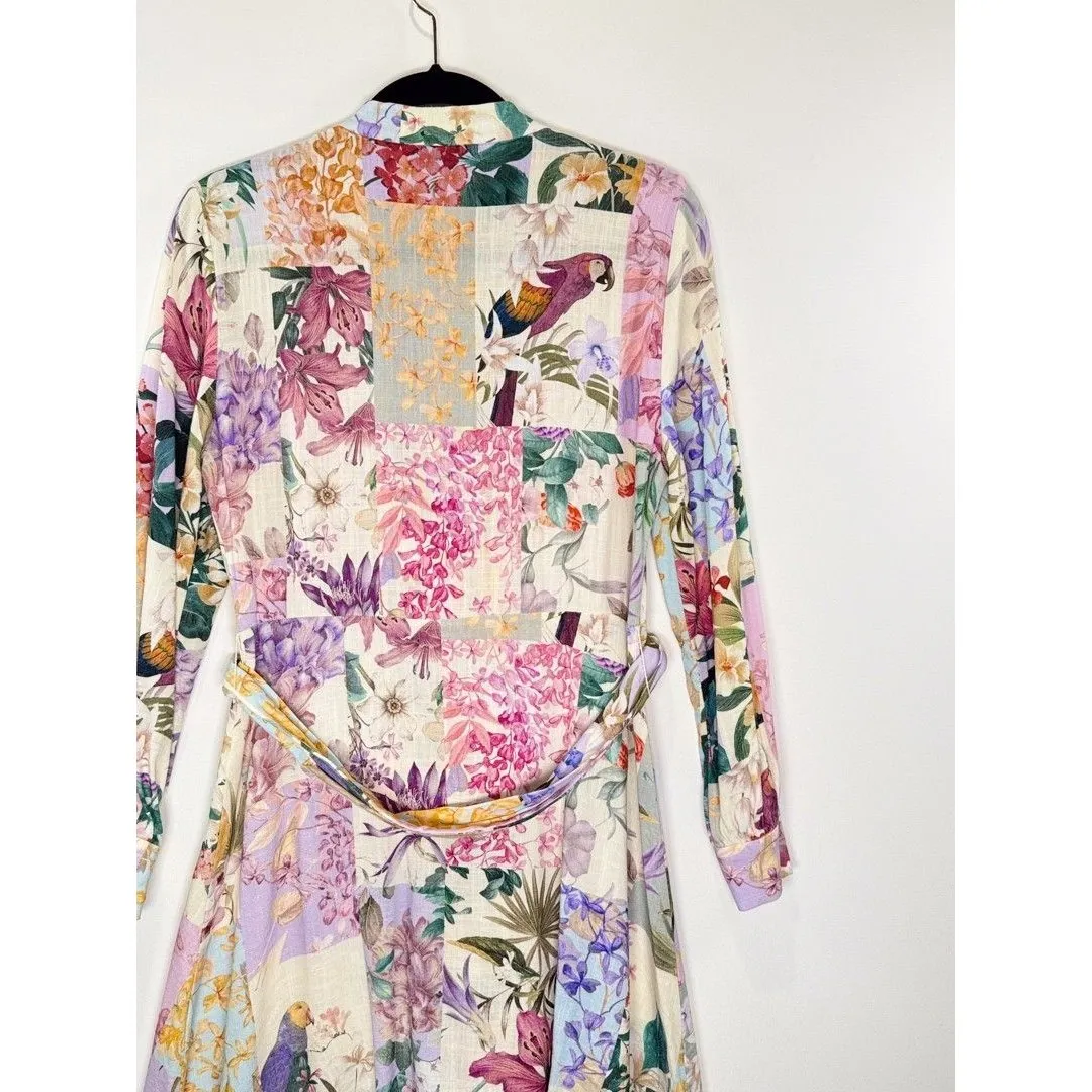 ZARA Dress Purple Mini Floral Patchwork Linen Shirtdress Waist Tie Boho Medium - Image 8