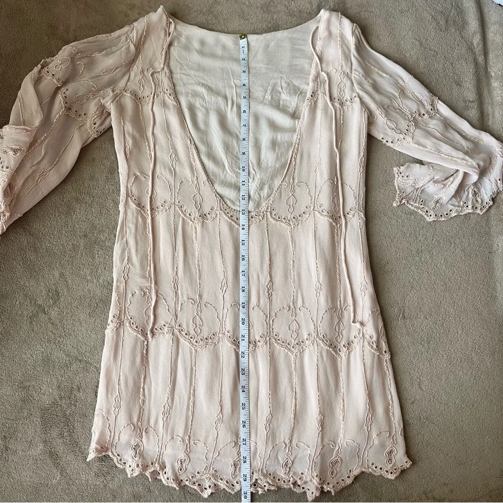 Light Pink Backless Bell Sleeve Boho Wedding Guest Dress (uma and leopold) - Image 7