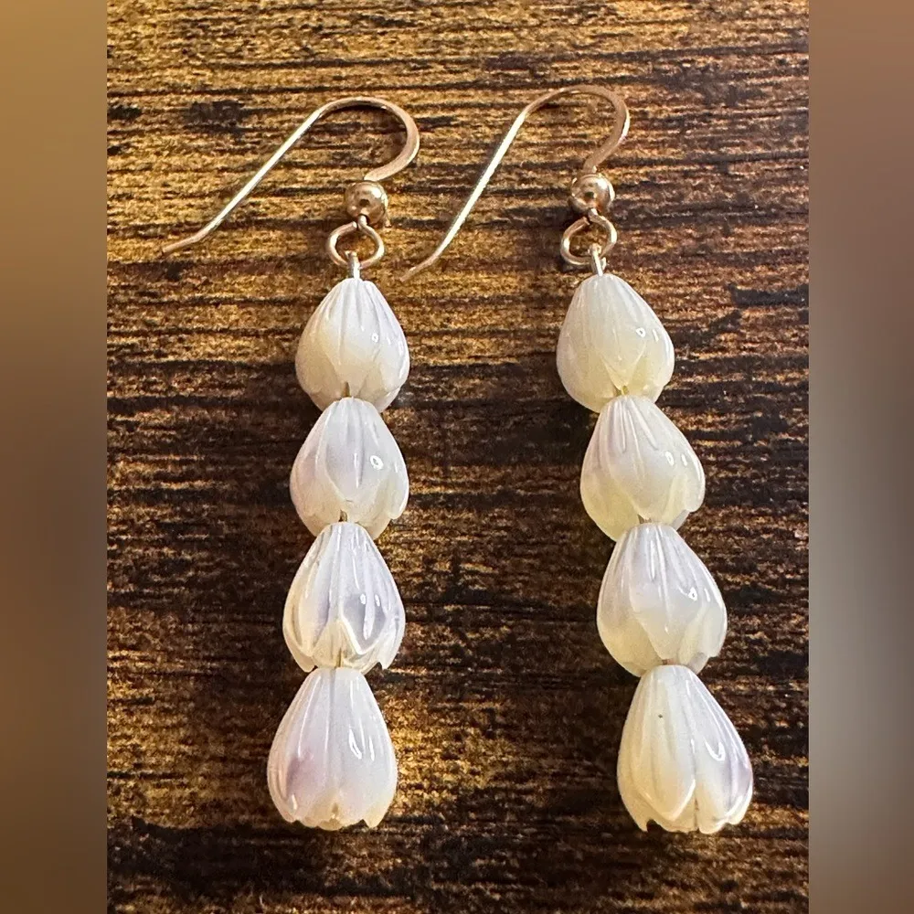 Pikake Mother of Pearl Shell Flower Dangle Earrings Gold - Image 3