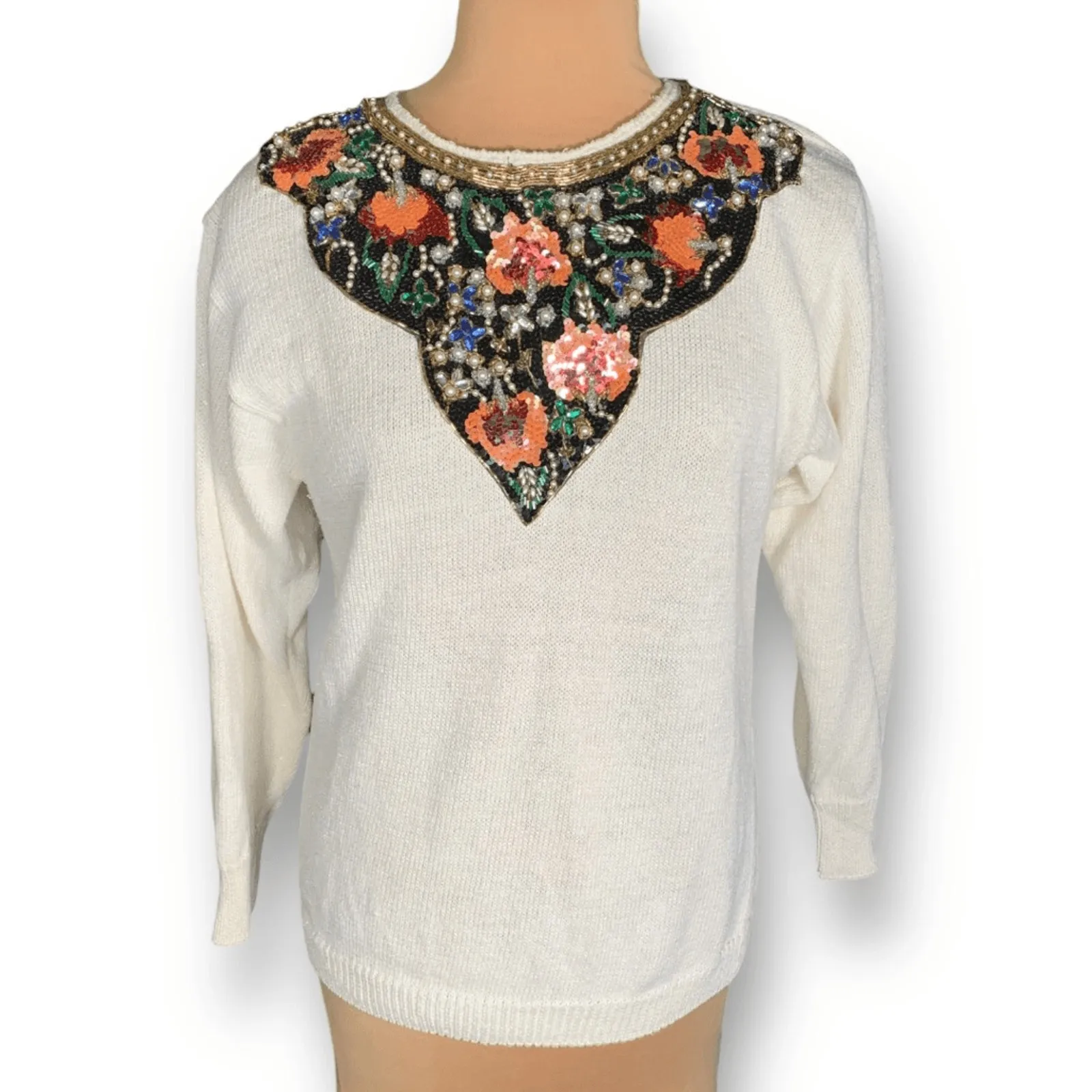 Vintage 80s Cream Sweater Beaded Sequin Floral Statement Holiday Party Knit Black Size L - Image 12