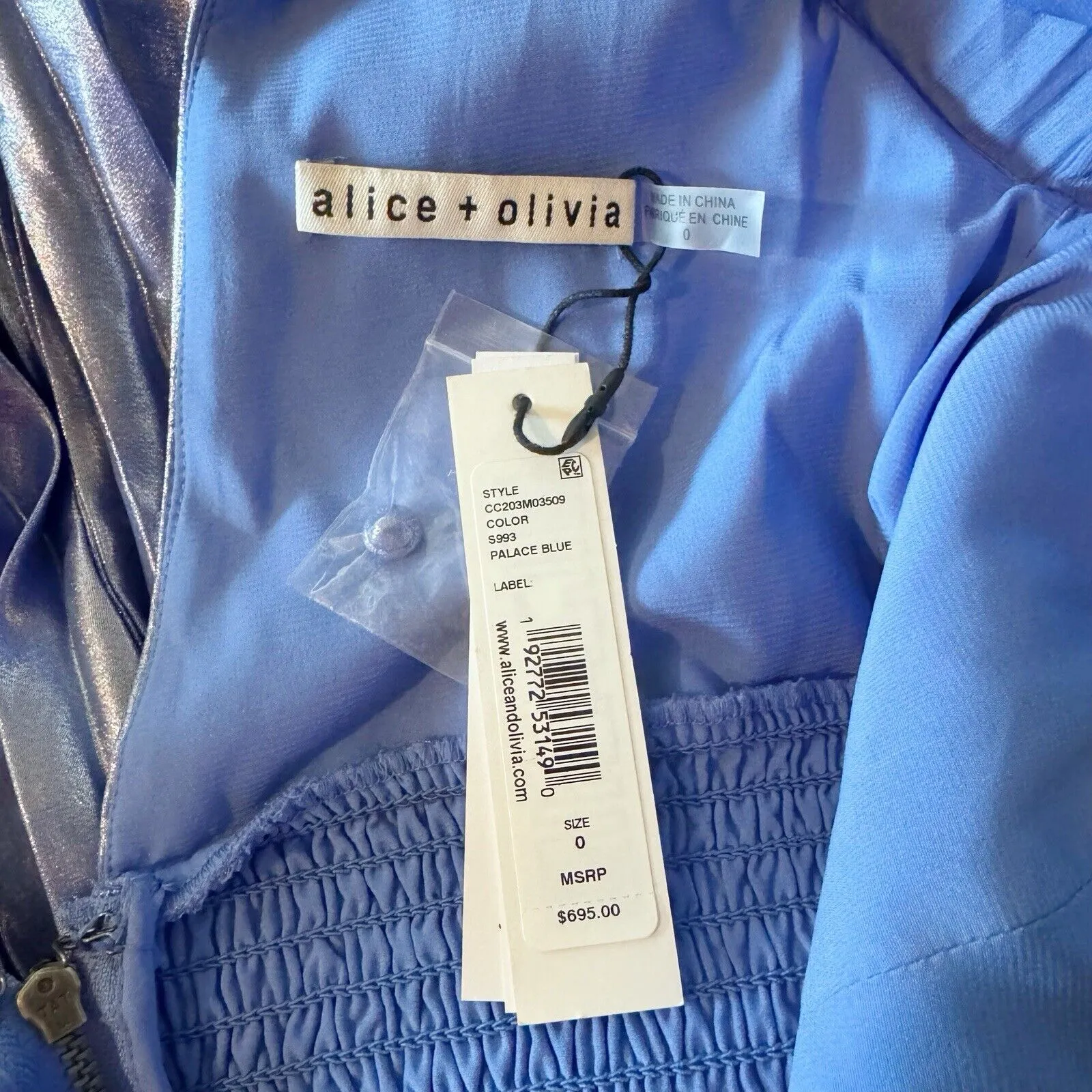 ALICE + OLIVIA Niesha Blue Lame Midi Dress with Pleated Skirt V Neck Size 0 NWT - Image 8