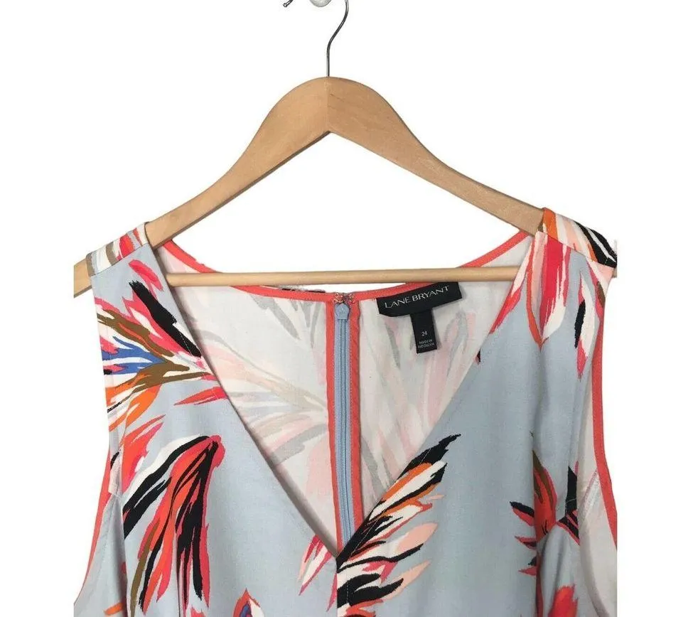 Lane Bryant Tropical V Neck Brush Stroke Sleeveless Belted Dress Light Blue 24 - Image 5