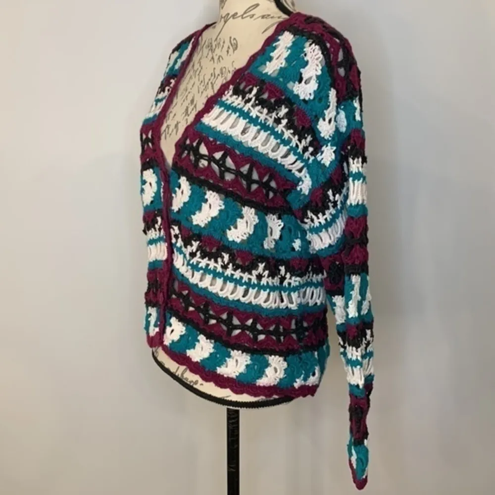 Vintage AJ Brandon hand crochet cardigan sweater L see measurements Purple Size L - Image 2