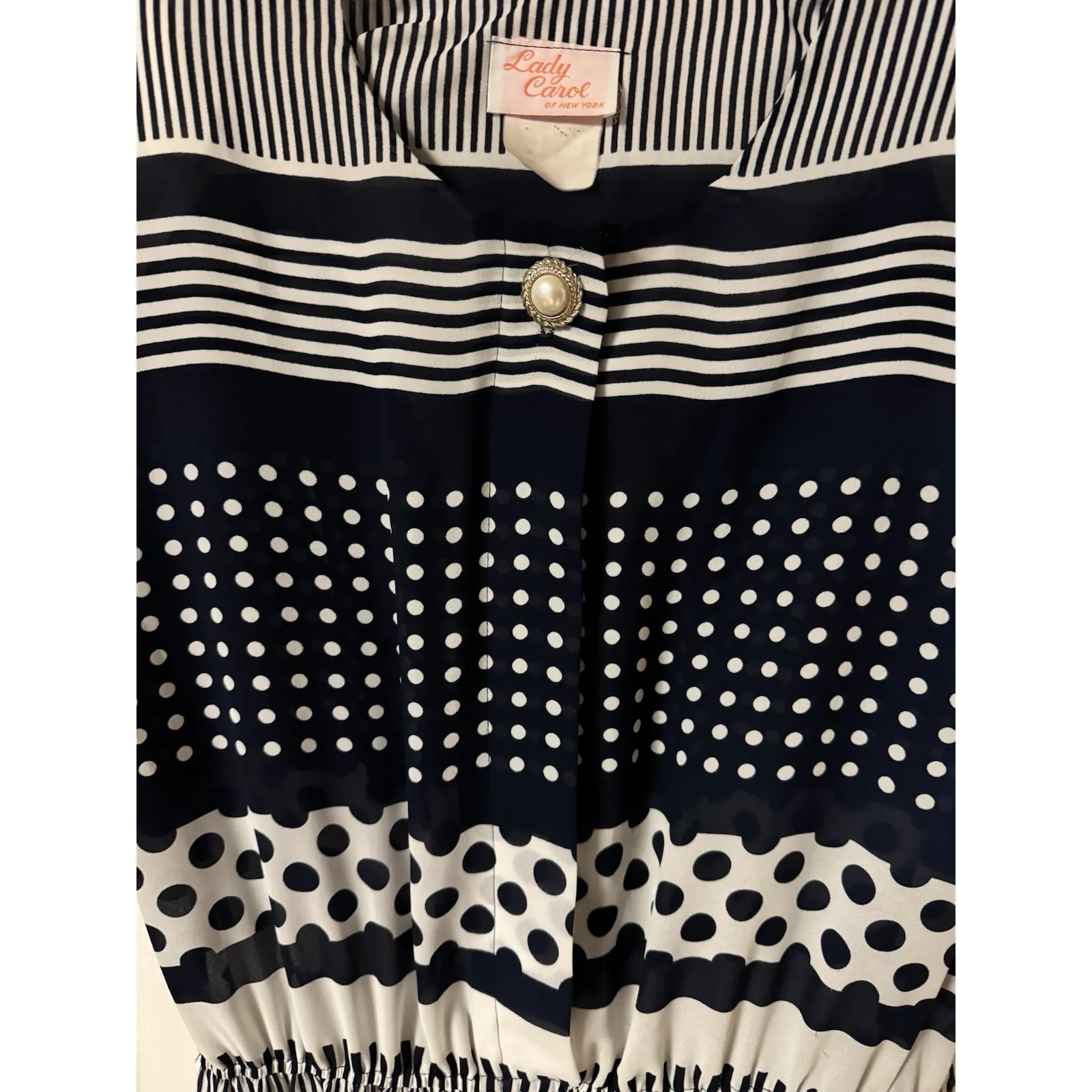 Vintage 80s Lady Carol of New York Women's Navy Blue and White Stripes and Dots Size L - Image 4