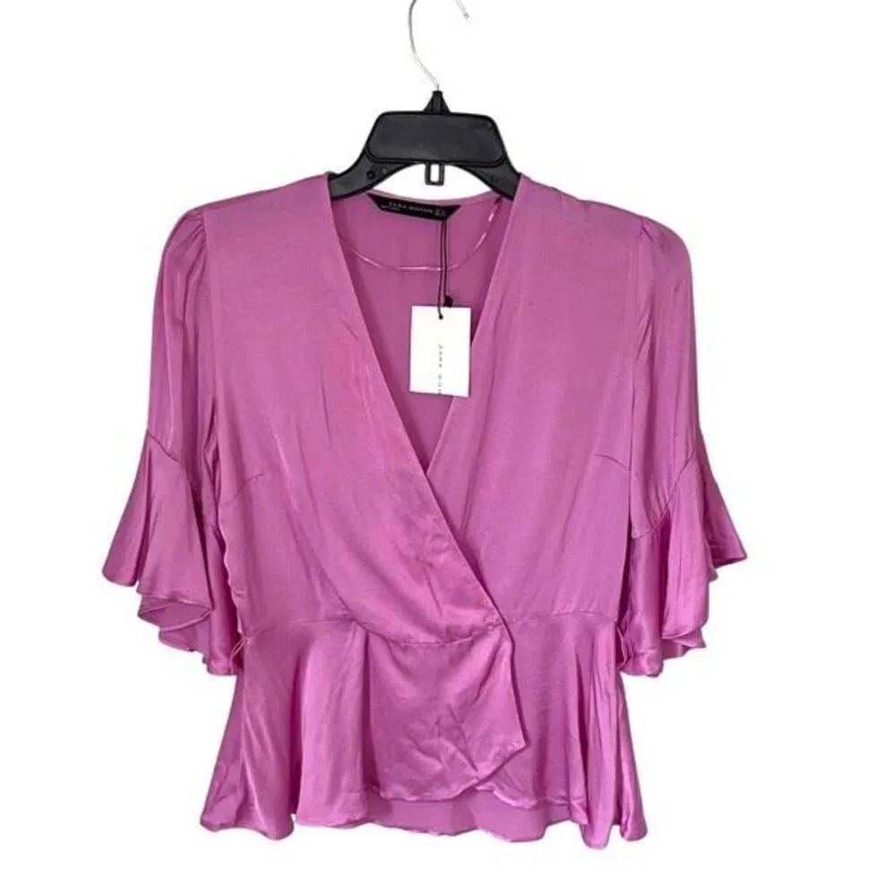 Zara Satin V-Neck Bell Short Sleeve‎ Snap Front Wrap Blouse Pink Size XS NWT - Image 2
