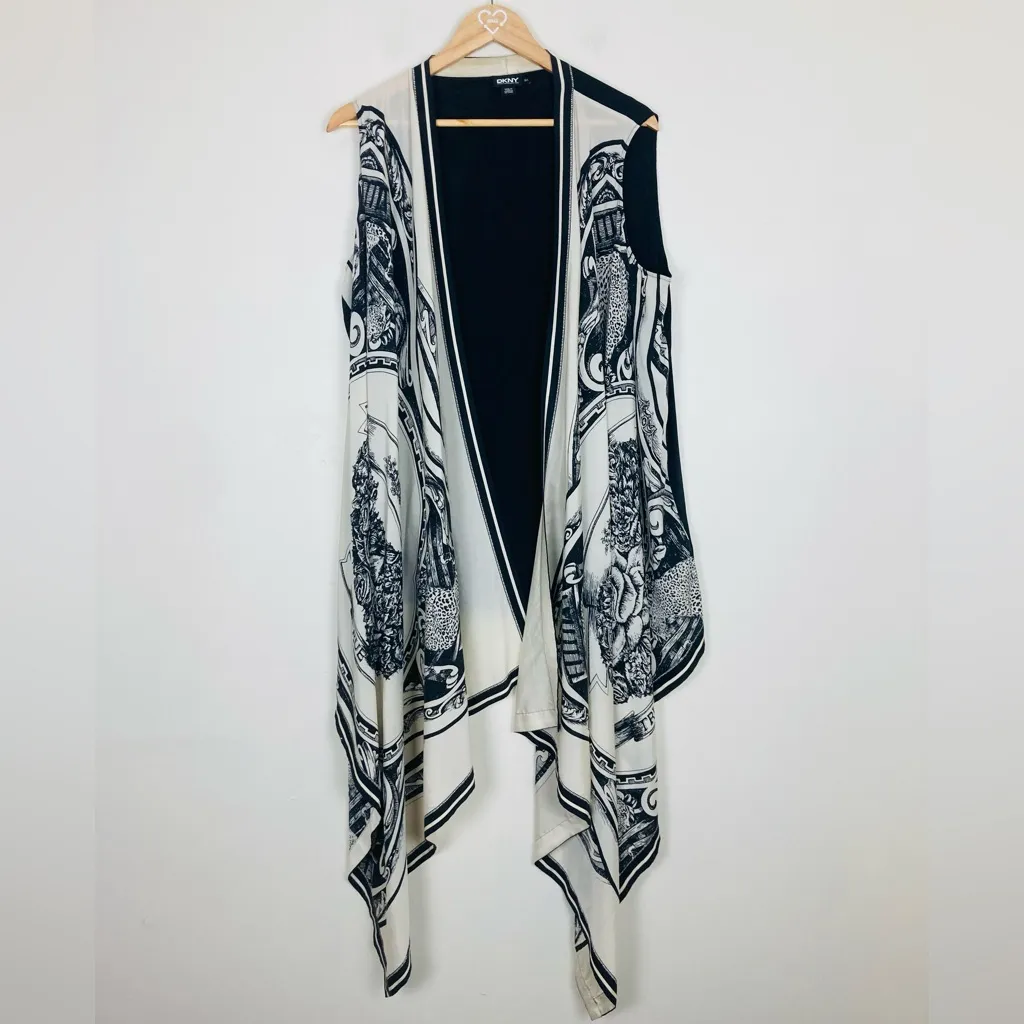 DKNY silk black & white floral & leopard print open front vest cardigan M/L - Image 2