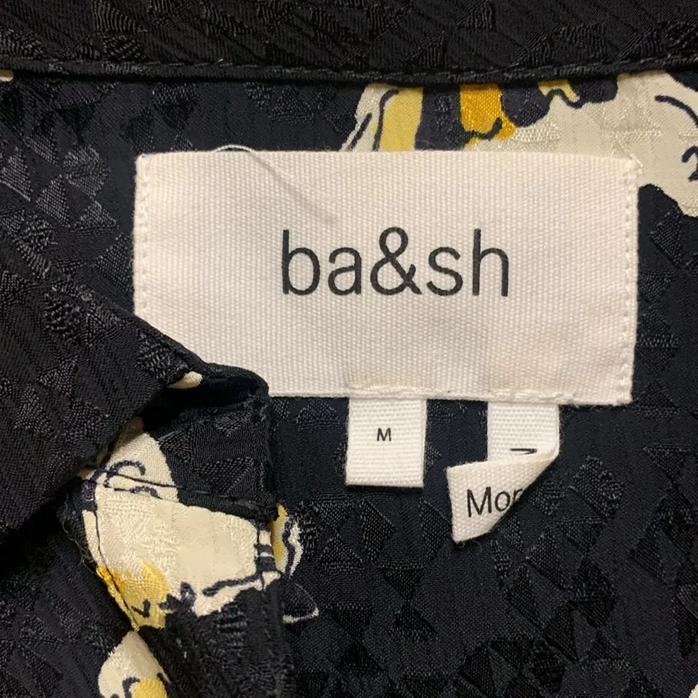BA&SH Una Satin Jacquard Button Down Shirt in Black & Yellow Floral Print Medium - Image 7