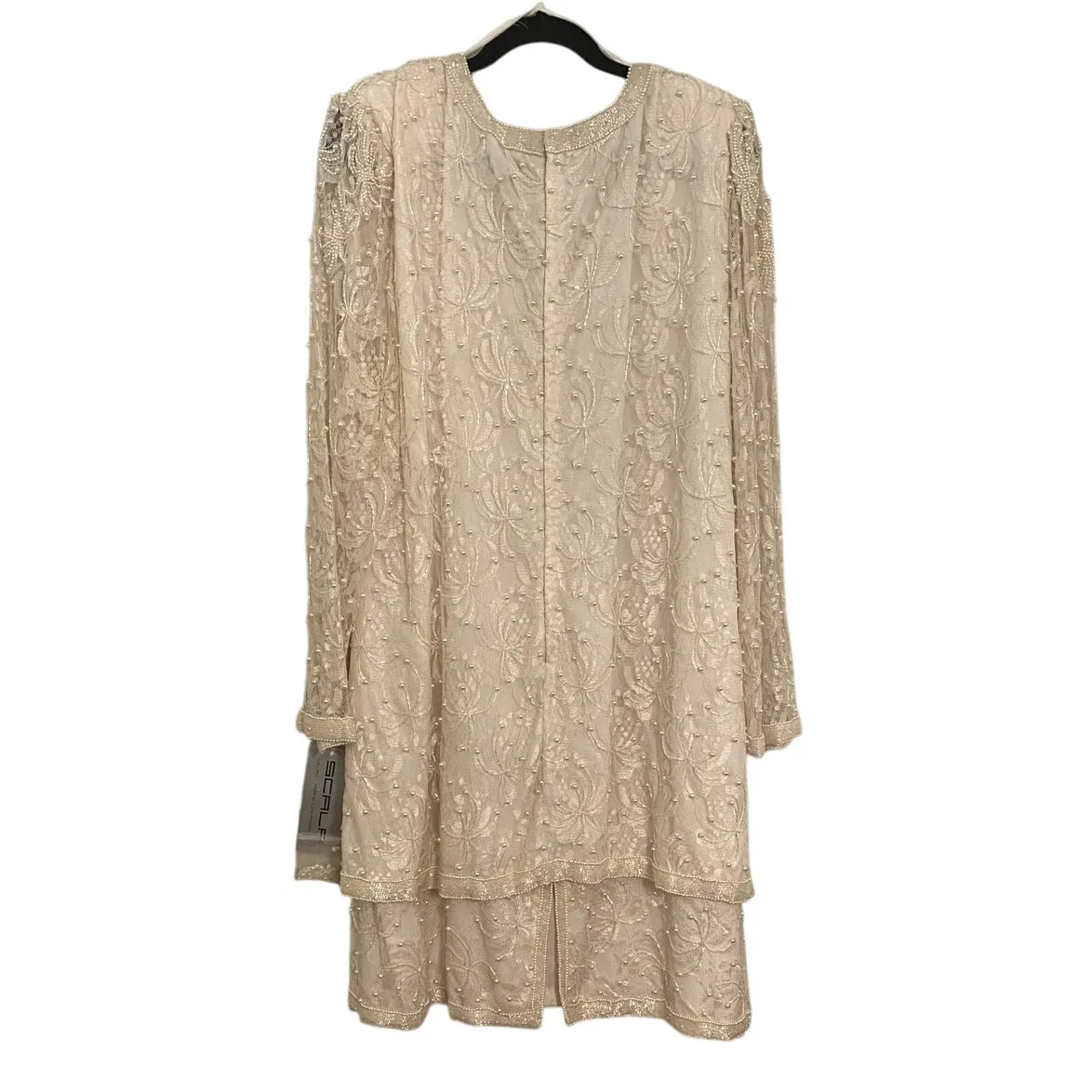NWT Scala Holiday Party‎ Dress Champagne Ivory Lace Pearl Beaded Midi 2X - Image 2