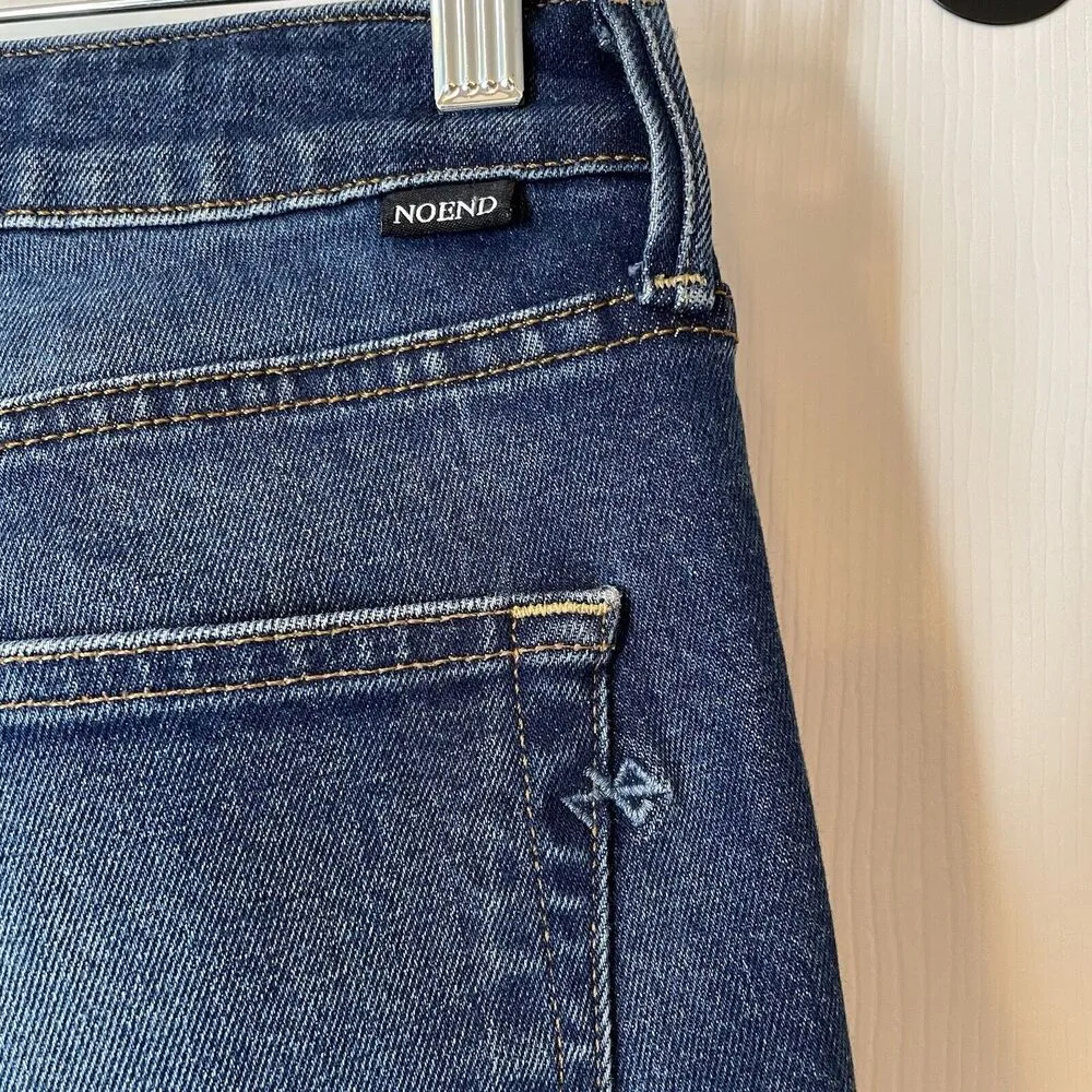 NoEnd Denim Farrah Kick Flare Jeans Sz 27 Med. Dark Wash Frayed High Low Hem USA Blue - Image 9