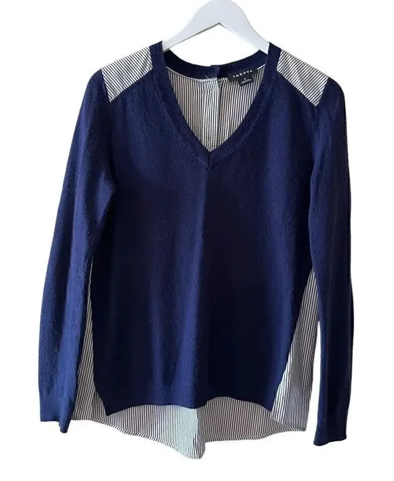Trouve Mixed Media Solid Front Stripes Back VNeck Lightweight Sweater SZ XS Blue - Image 1