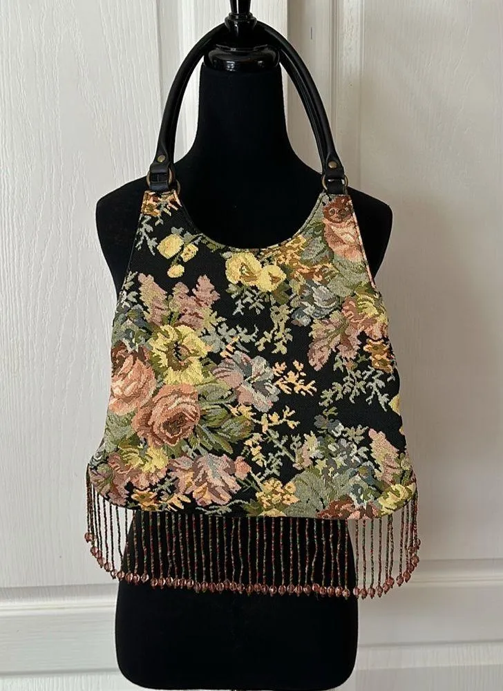 VTG PREZZO BEADED FRINGE FLORAL TAPESTRY SHOULDER BAG PURSE Black - Image 4