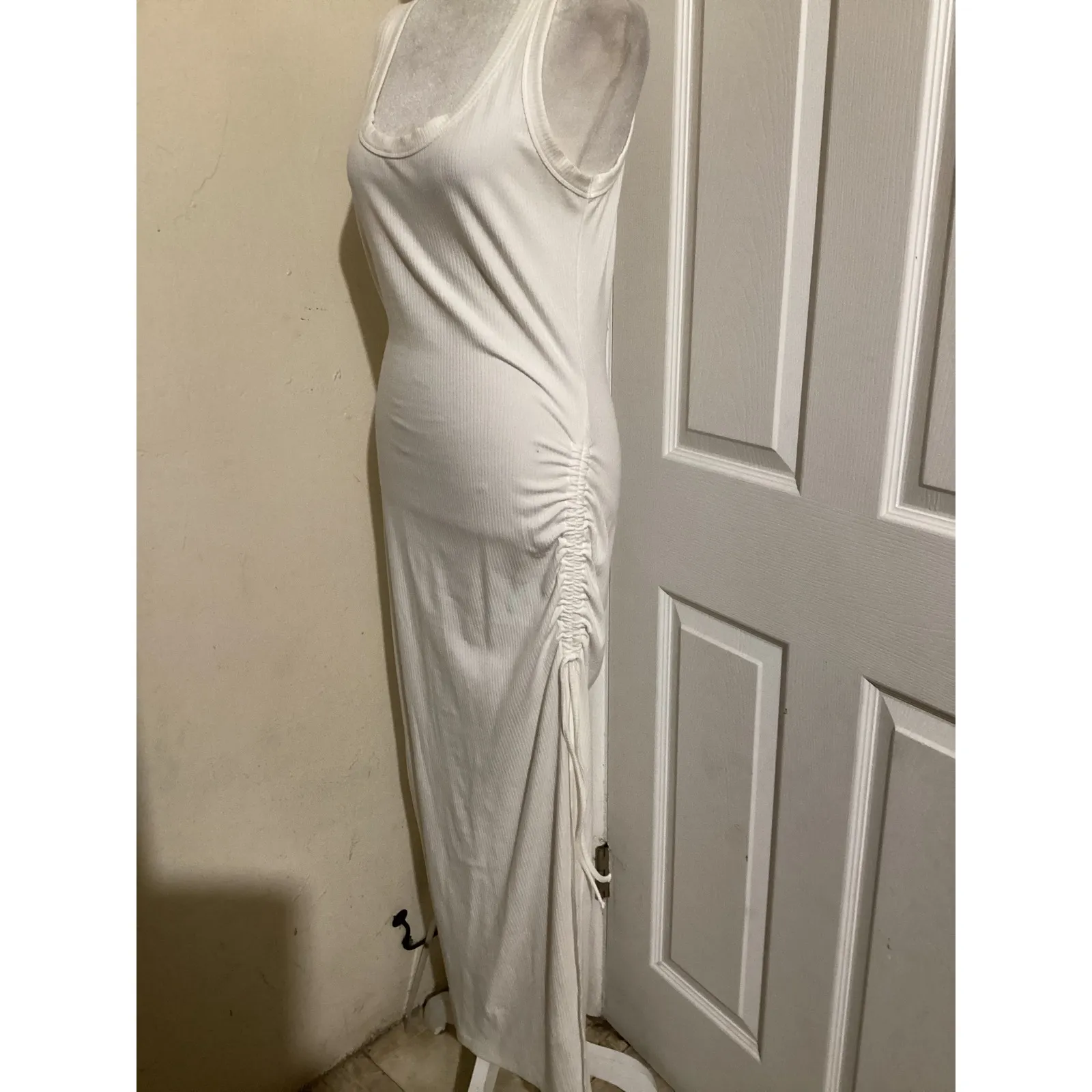 LSPACE White Ribbed Ruched Tank Midi Dress L G - Image 4
