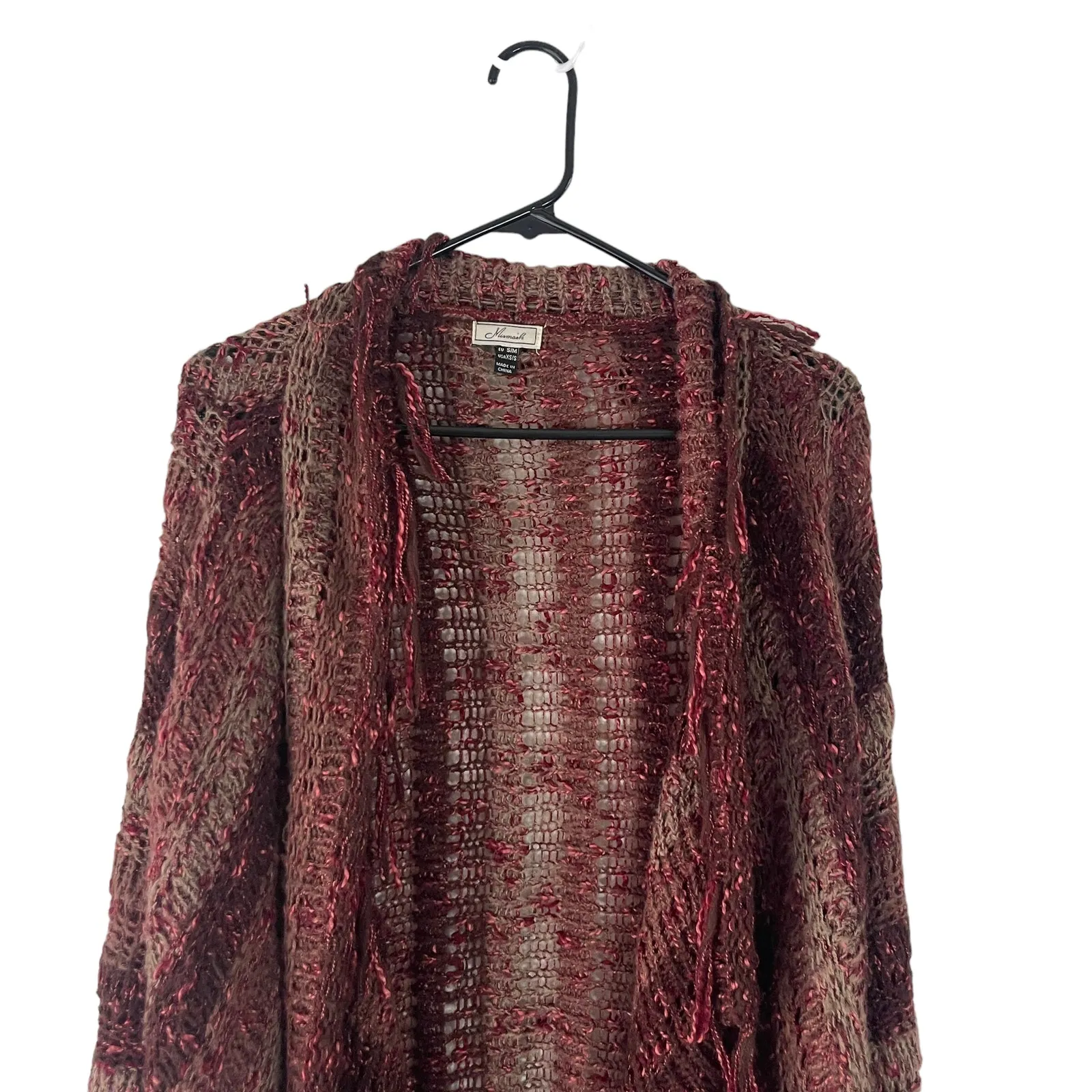 Mismash Women's Size XS/S Burgundy‎ Knit Open Front Fringe Boho Cardigan Sweater Red - Image 2
