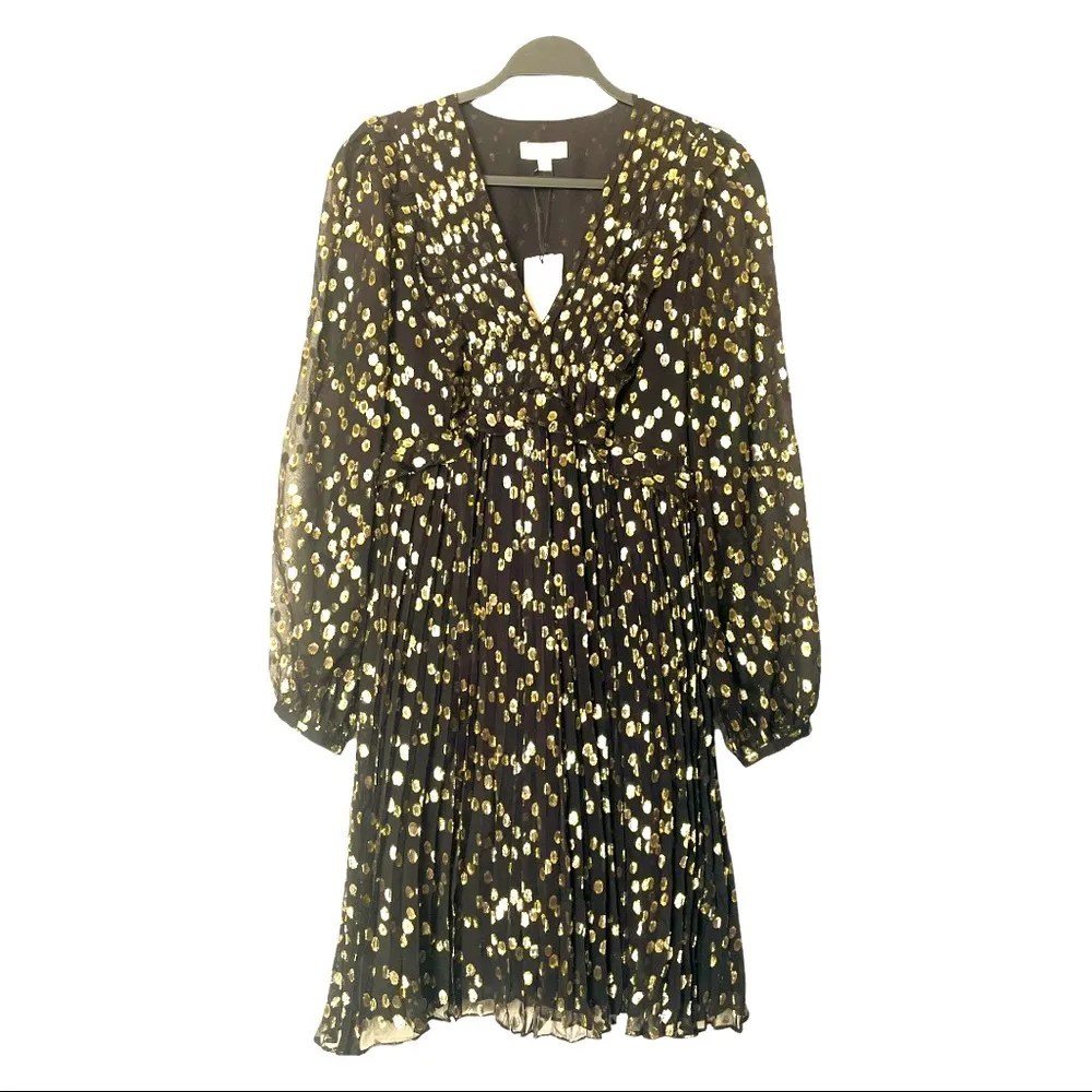 NWT a loves a Silk Metallic Gold/Black Long Sleeve Babydoll Layered Dress Small - Image 2
