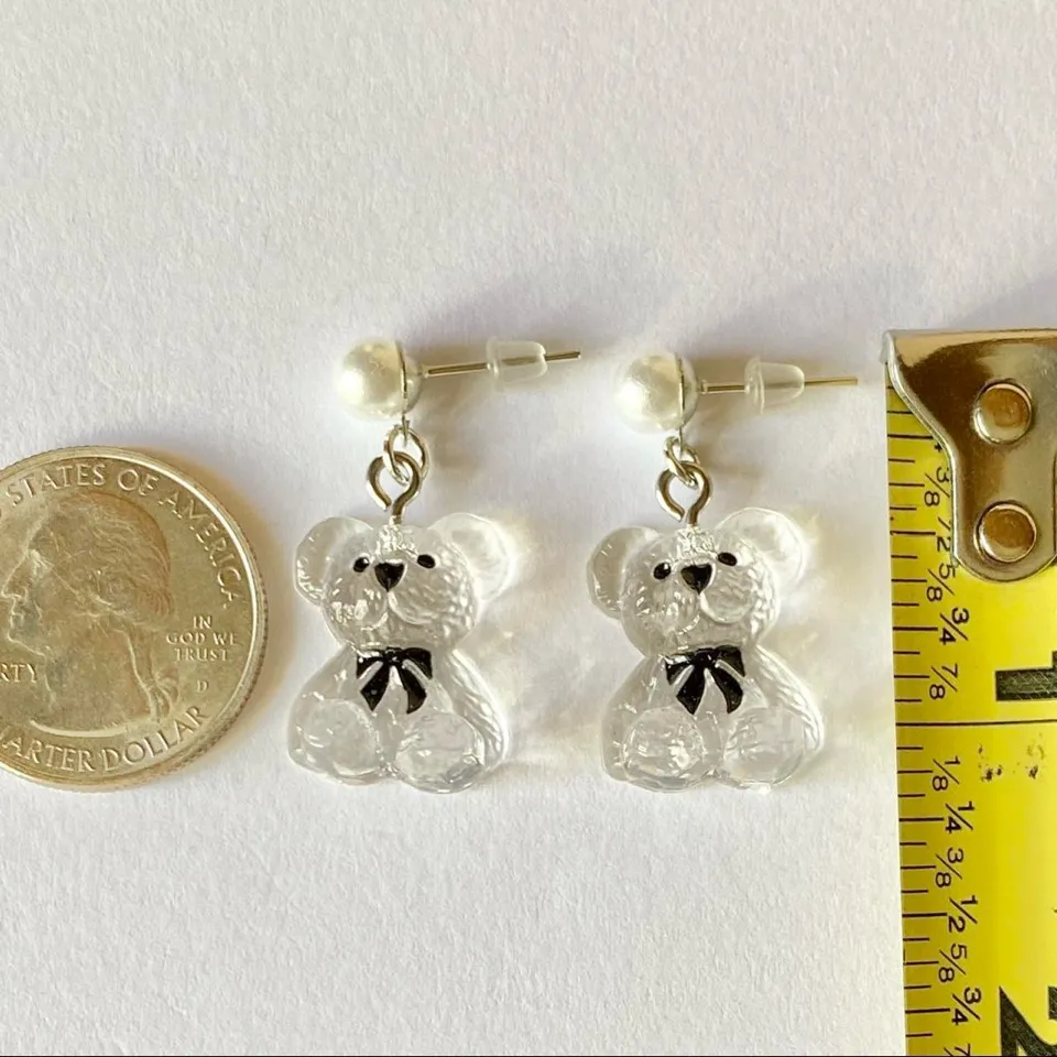 Handmade Antique retro Kawaii cute cottage style clear teddy bear dangle earrings🧸💠 - Image 4