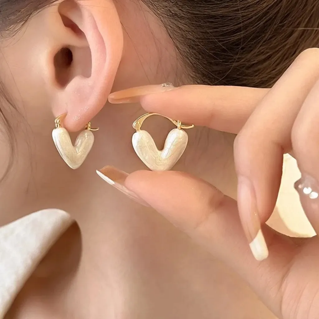 Gold and White Heart Hoop Earrings - Image 2